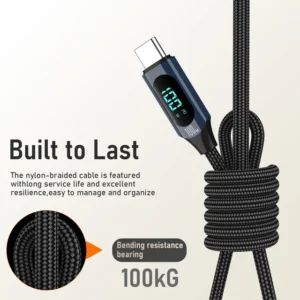 YRNOVA 66W USB-C to USB-C PD Charging Cable 1M LED Display Nylon Braided Cord